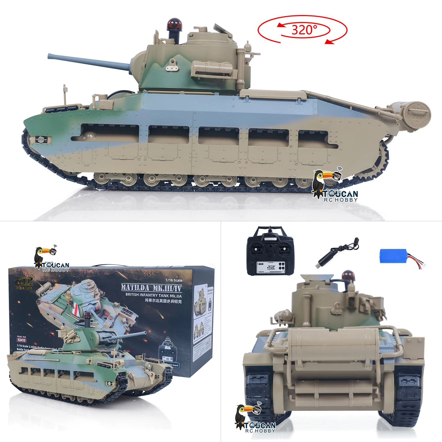

1:16 Infrared System Tongde RC Tank Matilda III IV 320 Rotating Turret Lights Sounds All Metal Wheels Battery Ready to Run