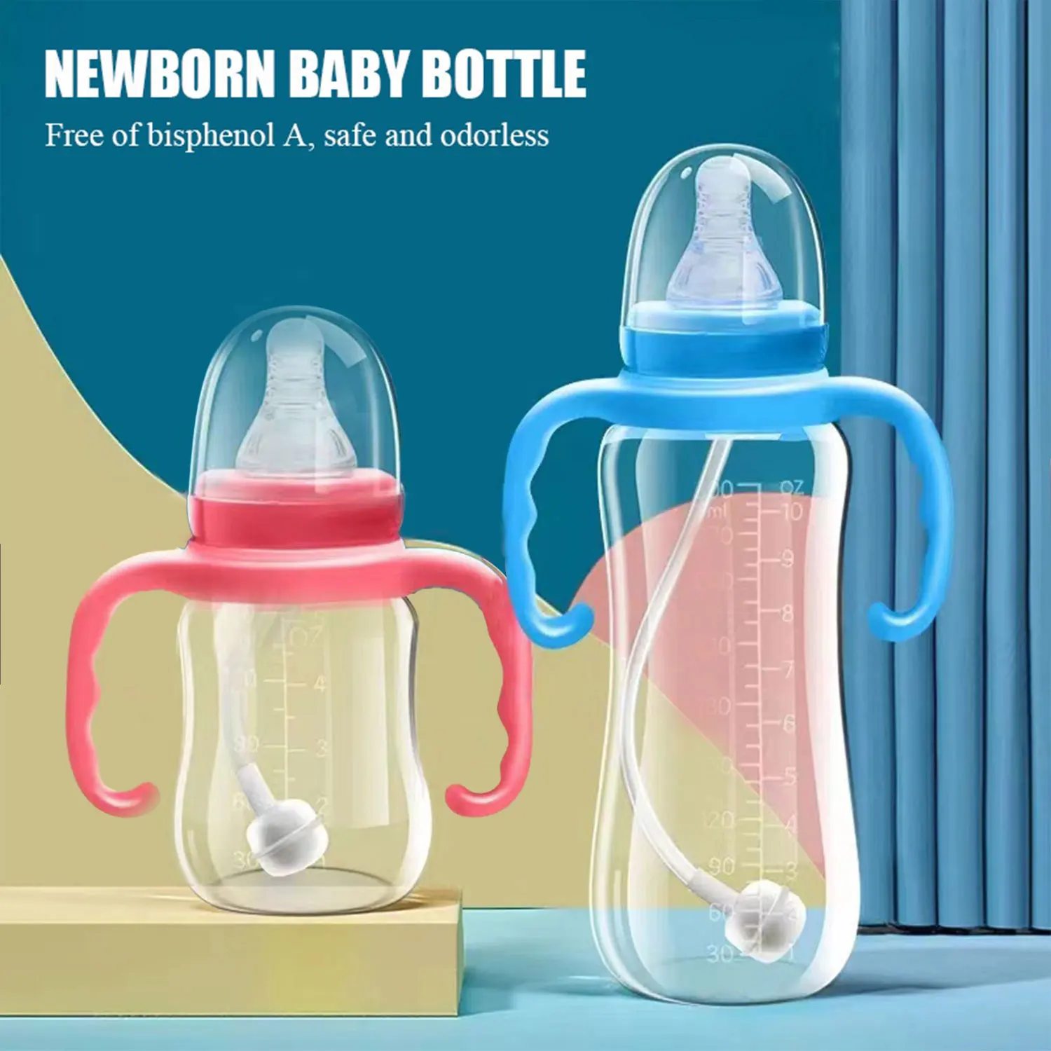 Pink Blue 0-3 years old baby standard calibre pp bottle with handle Anti-flatulence bottle Anti choking baby bottle