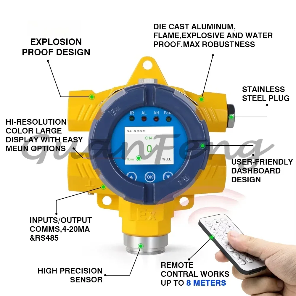 Fixed Industrial Gas Leak Detector with High Accuracy Stainless Steel Shell, Sound & Light Alarm Gas Detection Transmitter