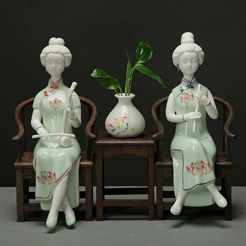 Handmade Ceramic Handicraft Ornaments Vintage Chinese Ladies Sculpture Ancient Maid Statue Flower Arrangement Home Decoration