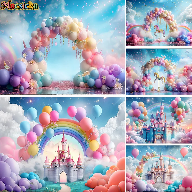 

Mocsicka Photography Background Colorful Rainbow Arch Balloon Castle Decor Cake Smash Kids Birthday Party Backdrop Photo Studio