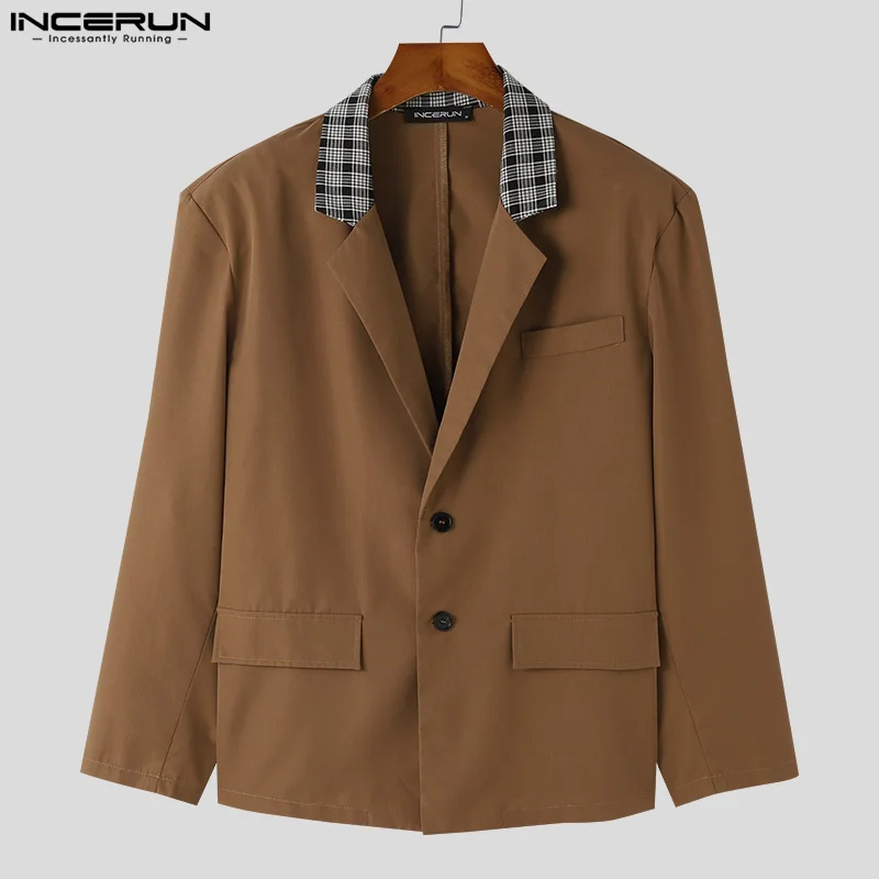 INCERUN Men Blazer Patchwork Lapel Long Sleeve Button Autumn Casual Male Suits Streetwear 2024 Korean Style Fashion Coats S-5XL