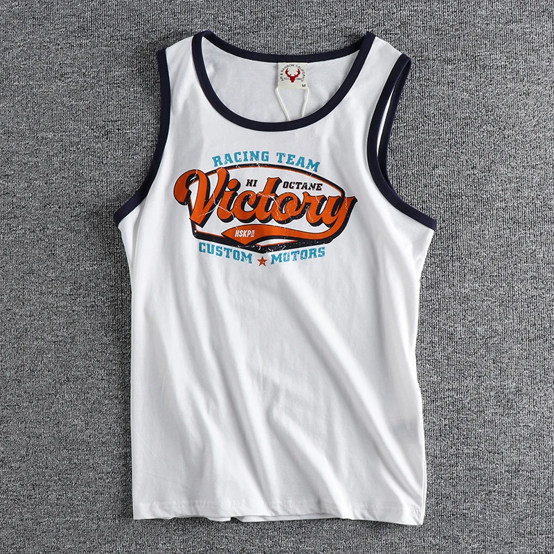 432# Summer New American Retro Sleeveless O-neck Letter Printed T-shirt Men\'s Fashion 100% Cotton Washed Casual Sports Vest Tops