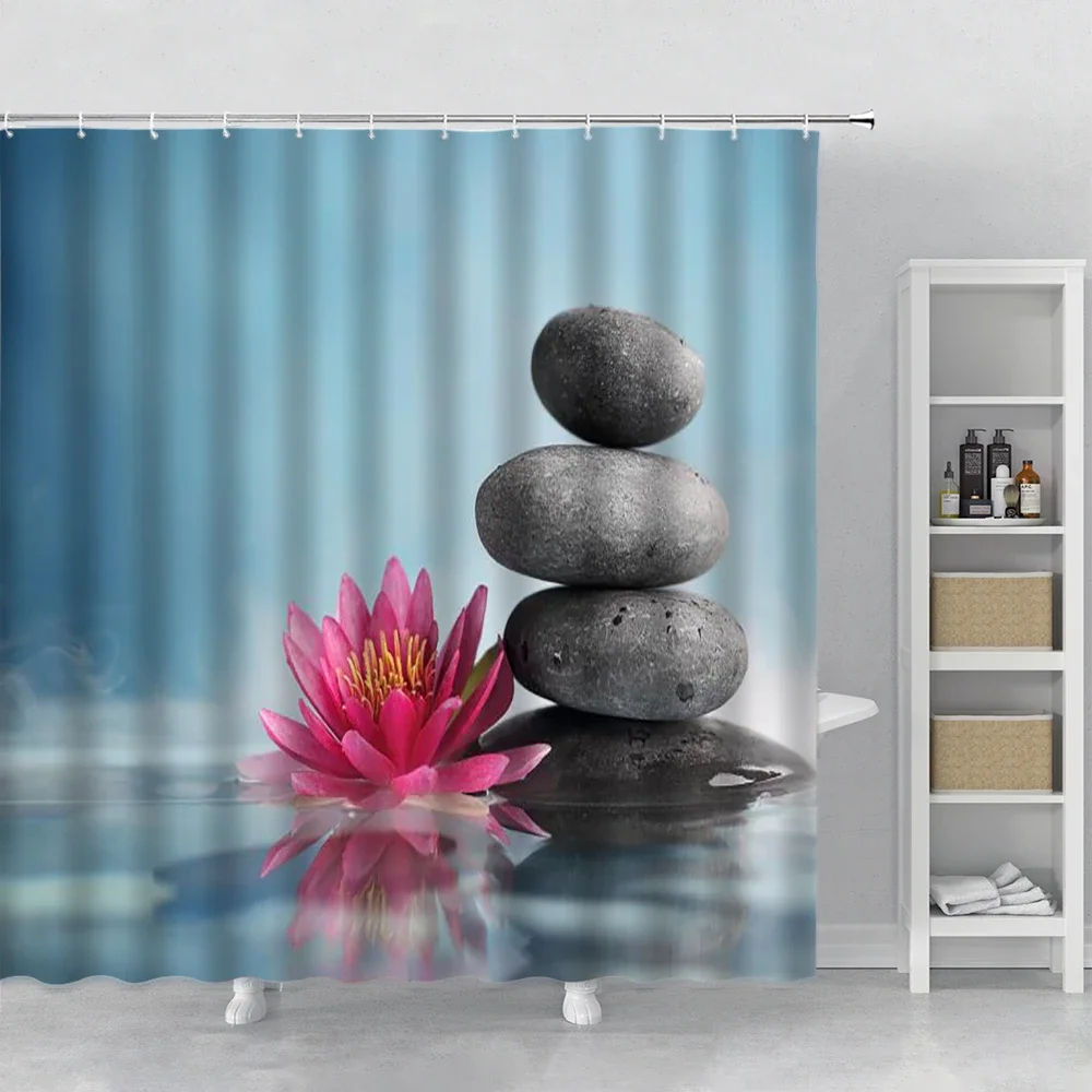 Zen Garden Shower Curtain Spa Green Bamboo Black Stone White Flower Bathroom Decor Supplies Bath Curtains Sets Polyester Fabric