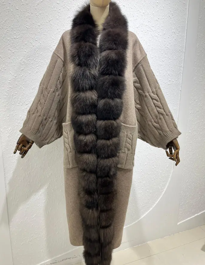 New Luxury Winter Real Natural Fox Fur Collar Woolen Blends Knit Long Overcoats Women Loose Warmth Cashmere Fur Jacket
