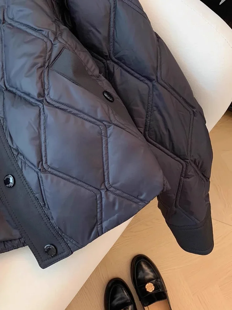 Black Rhombus Plaid，Flip Collar，Quilted Jacket，winter Jackets Woman，short Light and Thin Cotton Coat，2024 New in Outerwears