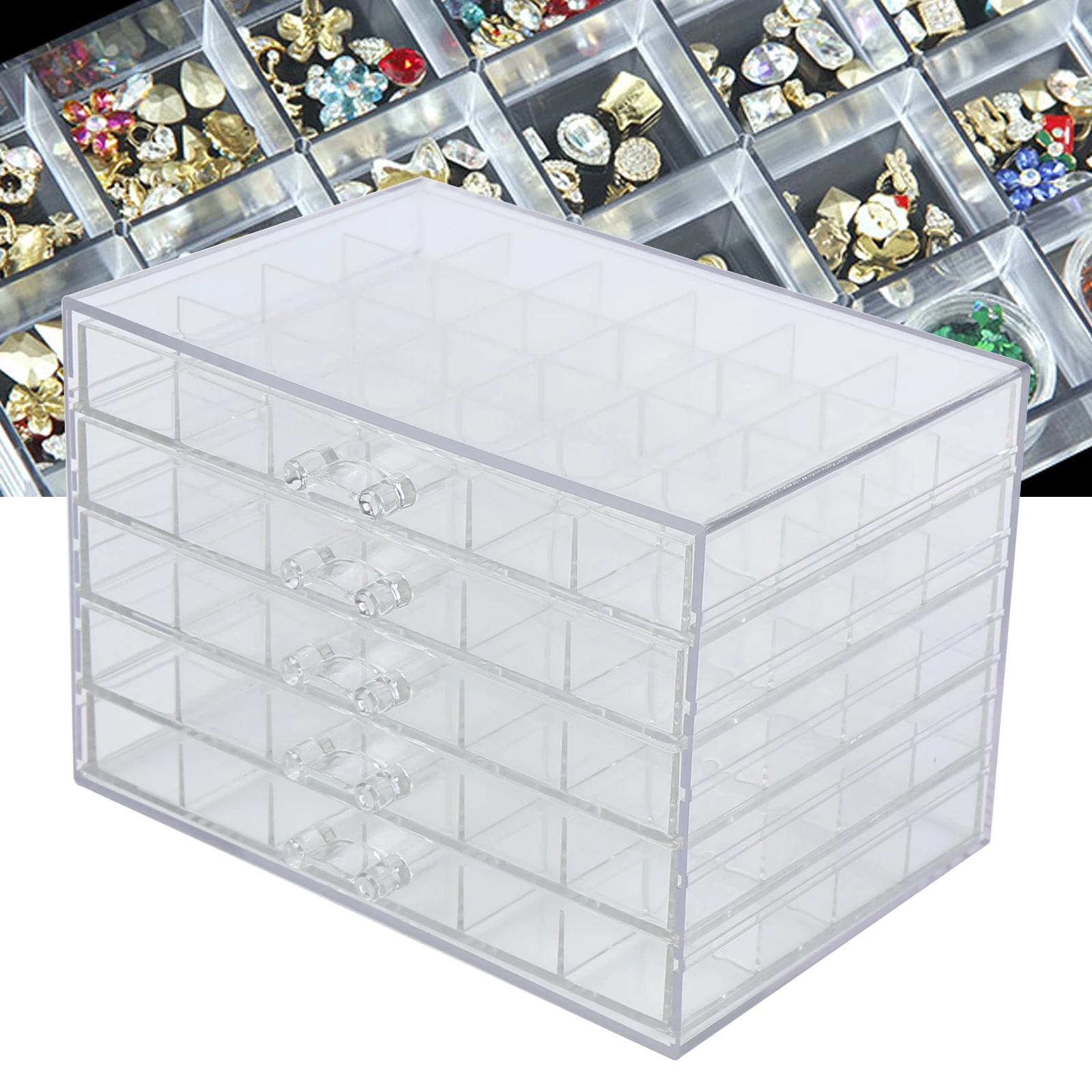 Nail Art Storage Case Rhinestones Beads Plastic Empty Organizer Box 120 Grids Large Capacity Jewelry Boxes with 5-Tier Drawer