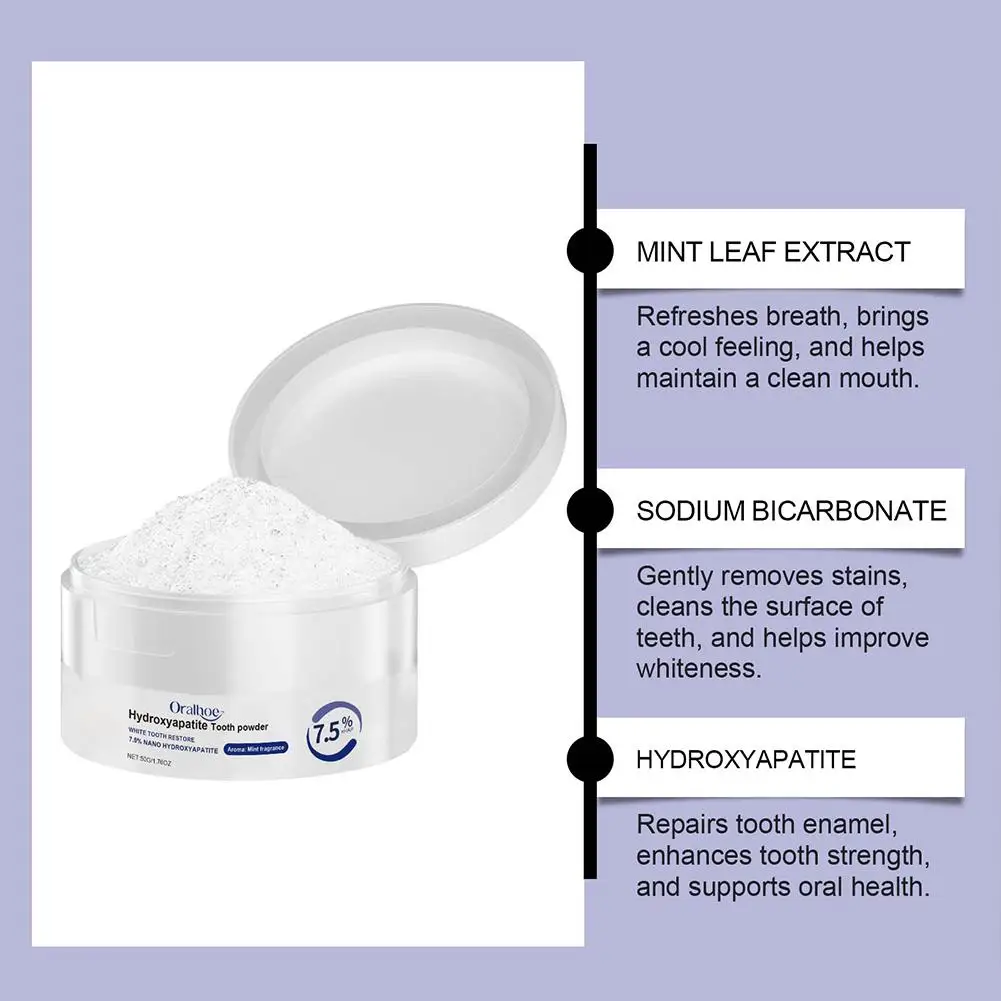 Polvo Blanqueador Dental Oralhoe de 50g Sin Flúor, Limpieza Profunda, Elimina Manchas Amarillas, Repara el Esmalte, Refr