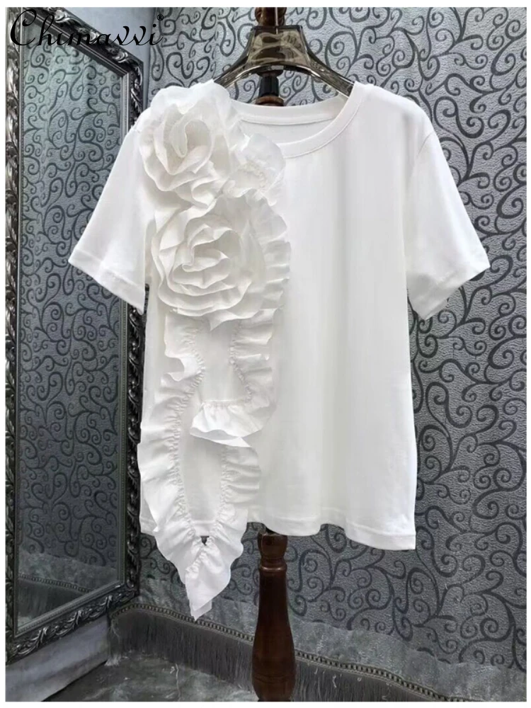 Korean 3d Flower Round Neck Solid Short Sleeve Casual Women T-shirt 2024 Summer New Loose Solid Color Pullovers Tops Female