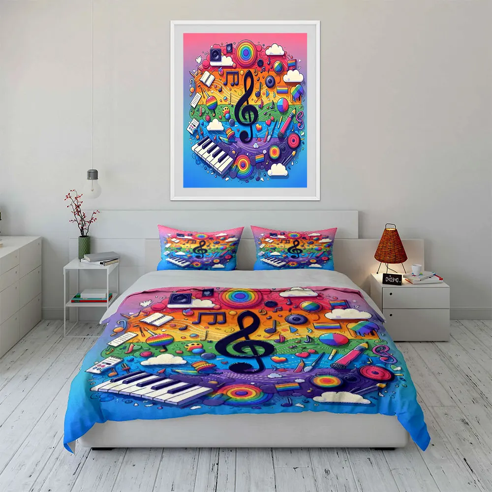 

"Colorful Music-Themed Art Set" Multiple sizes kid's and adults' bedroom Exquisite 3PC bedding set, gift
