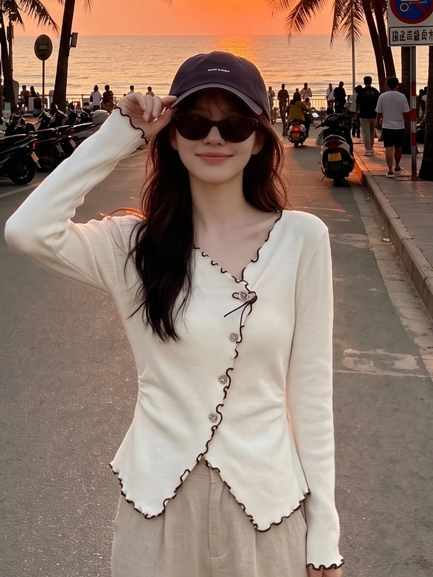 Soft Wind White Wave  Knitted Open Cardigan Women's Autumn Slim Fit Base Shirt Tassel Tie Waist Design Korean Style