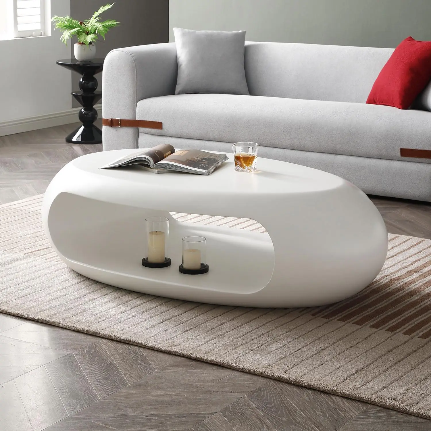 39.37'' White Modern Oval Coffee Table, Sturdy Fiberglass Center Cocktail Table For Apartment Small Space,Tea Table For Living