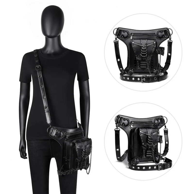 Chain Bag Female Steampunk Rivet Motorcycle Bag Women's Shoulder Crossbody Bag Female Travel Fanny Pack