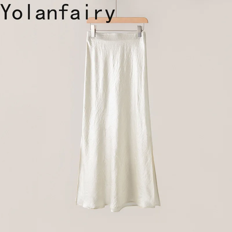 YOLANFAIRY 100% Acetate Satin Skirts for Women Spring Summer 26 Elastic Waist Black Skirt Elegant Woman's Clothes Fishtail Skirt
