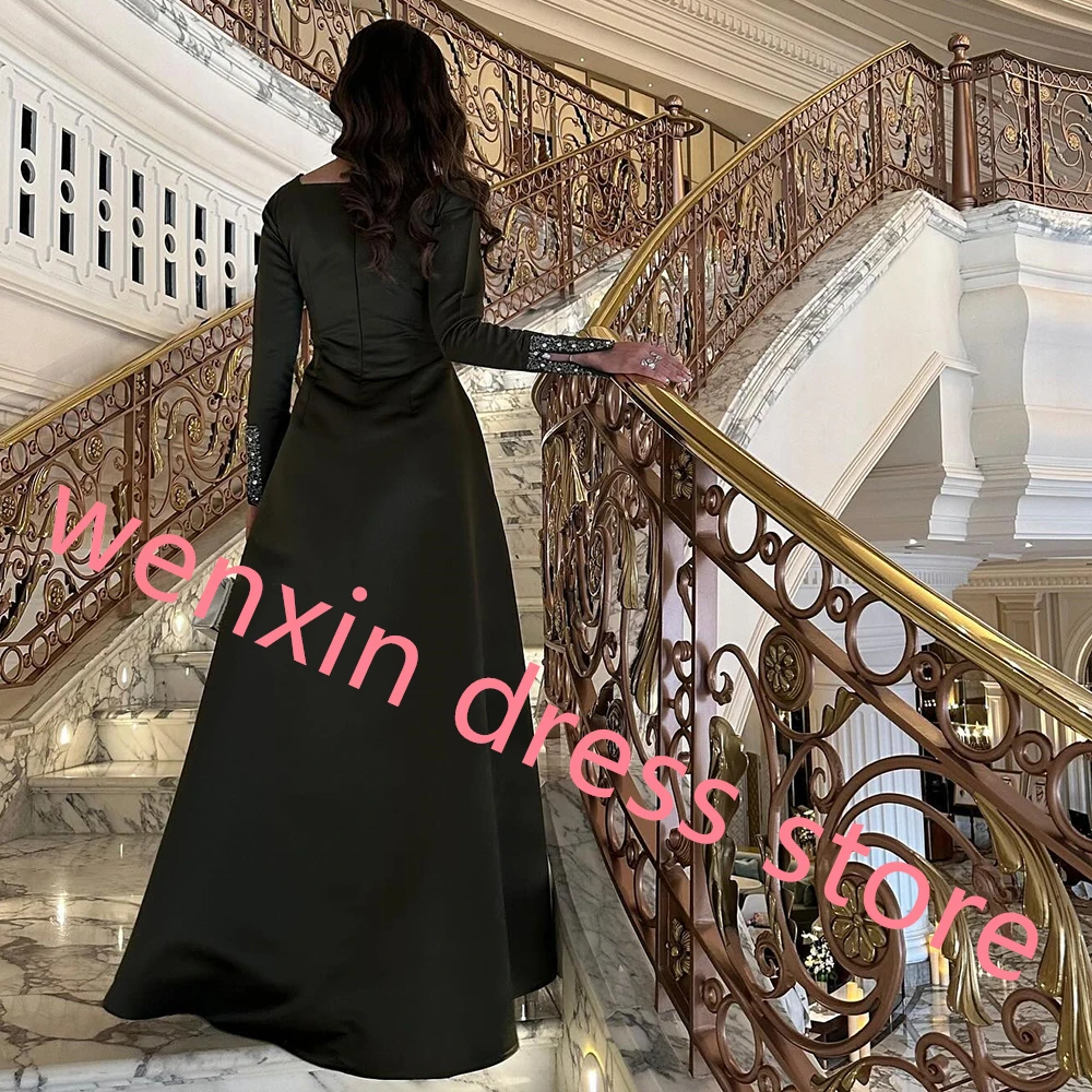 Modern Green Satin A-Line Evening Dress Formal Floor Length Square Neck Sweep Train Pleats Beading Long Sleeves Zipper Back