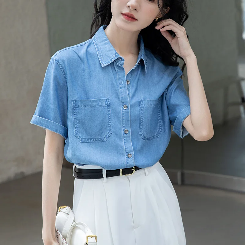 

Tencel Denim Shirt Women's Short-Sleeved Casual Loose Top Spring Summer 2024 New Fashion Blue Blouse Women Shirts Ropa De Mujer