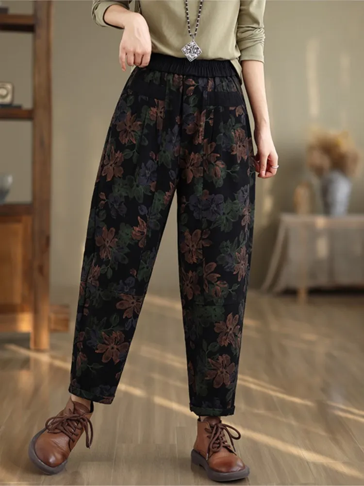 Oversized Jeans Herfst Lange Broek Vrouwen Bloem Bloemen Mode Elastische Hoge Taille Dames Broek Losse Vrouw Harembroek