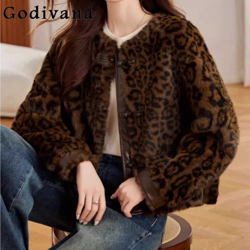 

Autumn Winter Fashion Loose Temperament Leopard Print Thickened Round Neck Jacket Women Elegant Long Sleeve Warm Fashion Coat