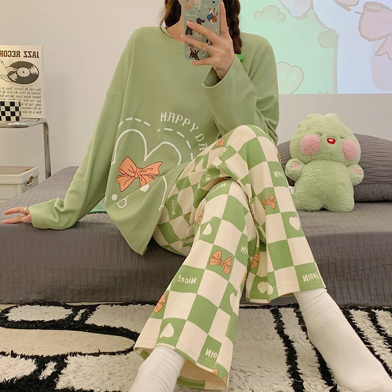 Green Women Pajamas Set Cute Kawaii Long Sleeves Long Pants Autumn Winter Soft Sleepwear Cozy Pyjamas Girl Pijamas Ladies Nighty