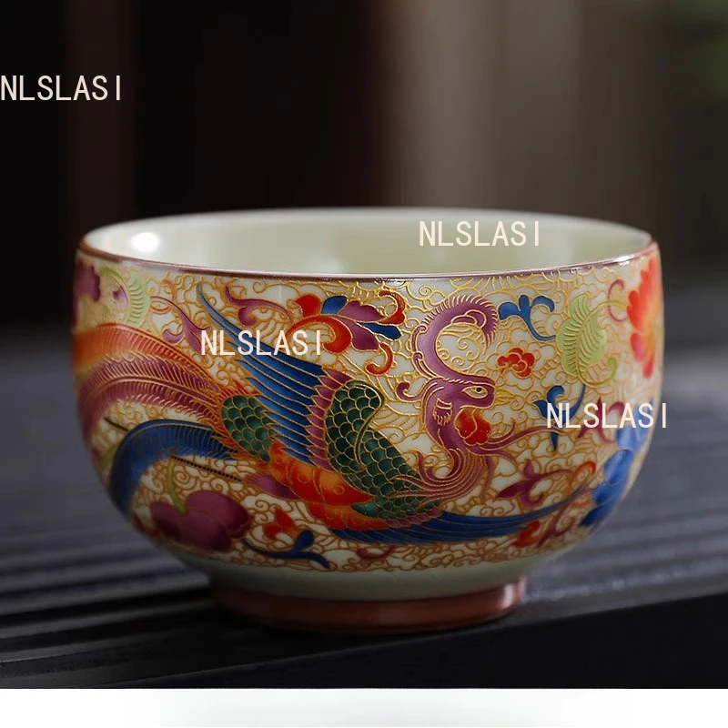 Dragon Phoenix Pair Cup Ru Kiln Owner Sipping Tea Cup Enamel Colored Tea Cup Ceramic Drinking Utensils Commemorative Souvenirs