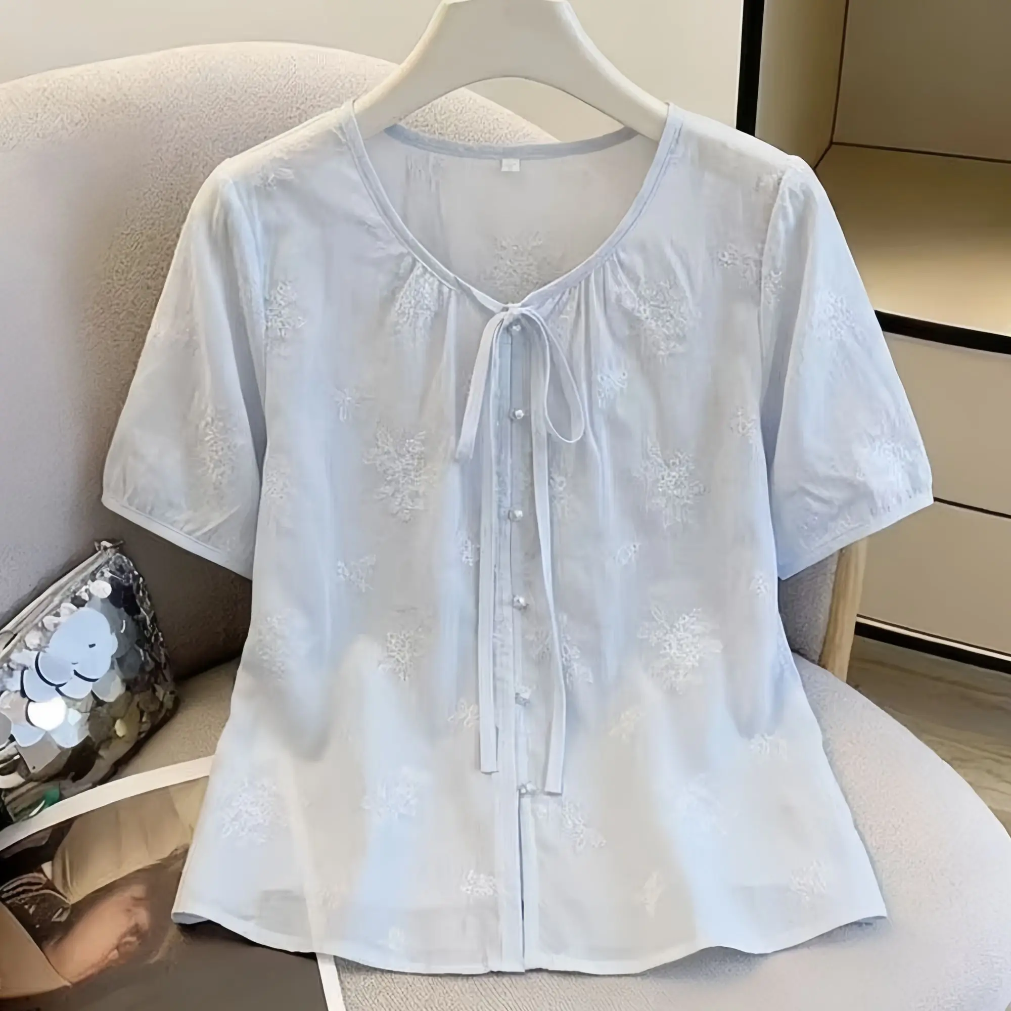 Light Blue Embroidered Blouse with Bow Tie Front Button Up Short Sleeve Loose Fit Women Casual Top Summer