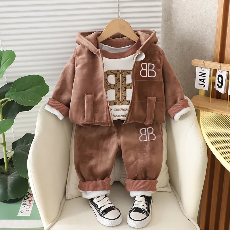 Baby Boys Clothing Set Autumn Winter Plus Velvet Thick Warm 3Pcs Outfits Letter Print Boys Sport Tracksuit For 1-4Y Casual Suit