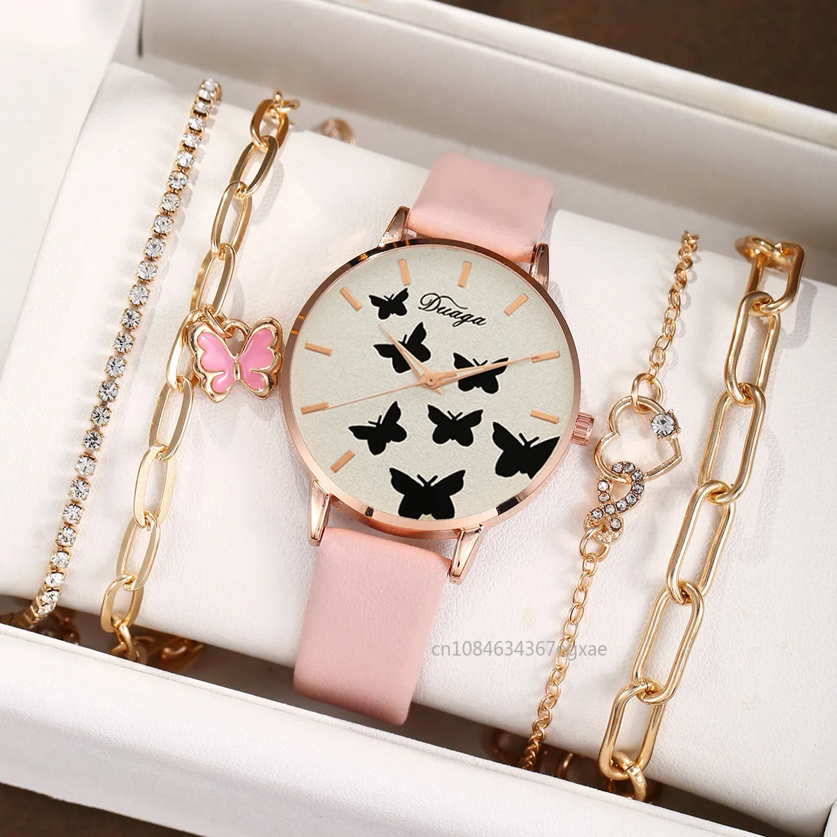 절묘한 다이아몬드 나비 다이얼 벨트 쿼츠 시계 및 패션 나비 팔찌 세트, 라인석 쿼츠 여성용 손목시계, 5 개, 1 개
