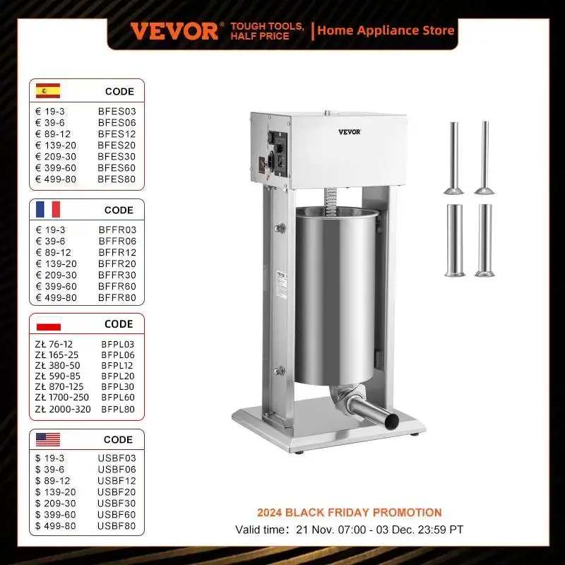 VEVOR Electric Stuffer,15L 260W Vertical Sausage Stuffer w/Speed Stepless, 304 Stainless Steel Sausage Machine w/4 Stuffing Tube