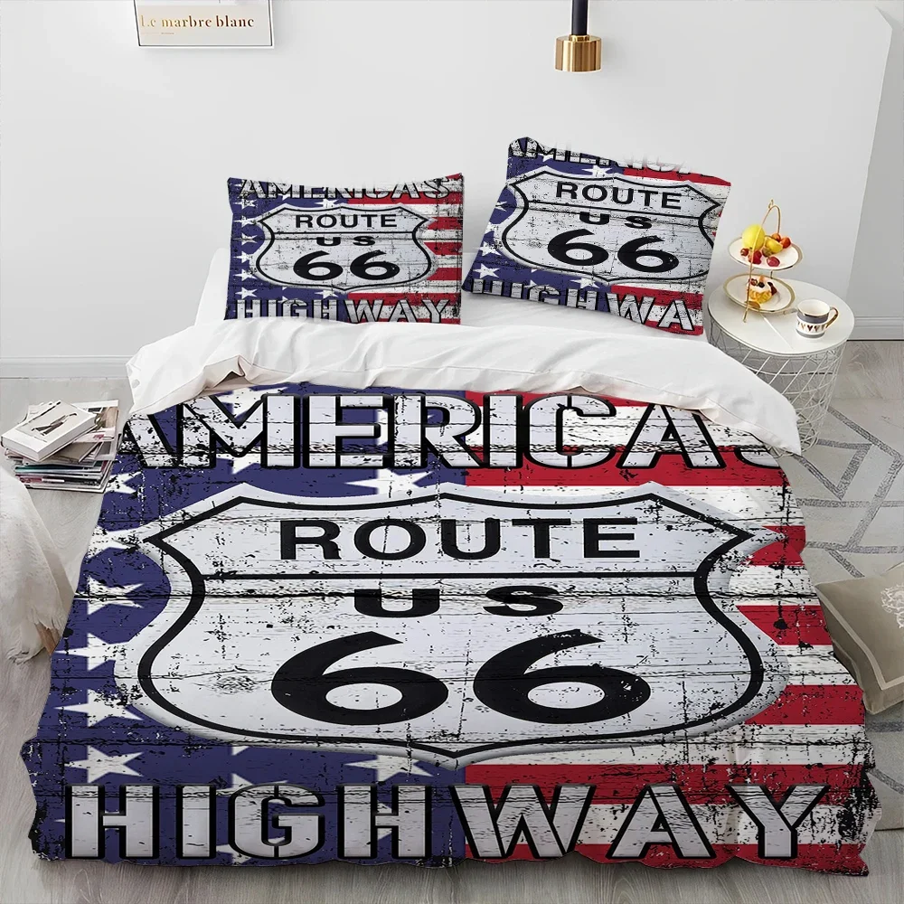 H-Historic Route 66 Bedding Set Printed Duvet Cover Comfortable Breathable Luxury Cotton Quilt Pillowcase, King Queen Size