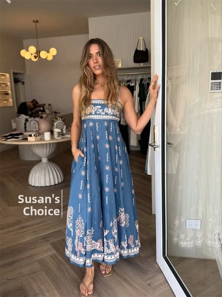 Susan Australian Small ence Linen Vaion Sle New Strapl Blue Floral Print Maxi Dr Women's Summer Svel Dr