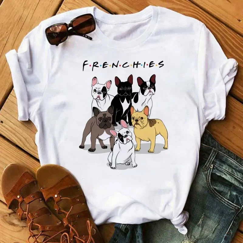 Cartoon T Shirt Maycaur French Bulldog Funny  Women Harajuku 90s Girls Graphic Tee Casual O-neck Tops  Summer Cotton Casual Tees