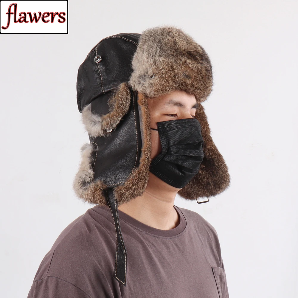 

Hot Men Outdoor Windproof Super Warm Rabbit Fur Caps Winter Men 100% Natural Rabbit Fur Bomber Hat Genuine Sheepskin Leather Cap
