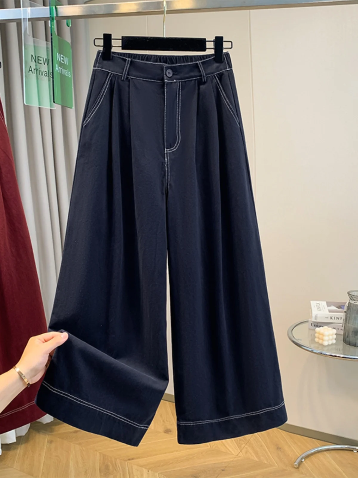 plus Size Women's Red Wide Leg Pants High Waist Straight Cut Loose Fitting Slimming Trousers for Pear Shaped Ladies