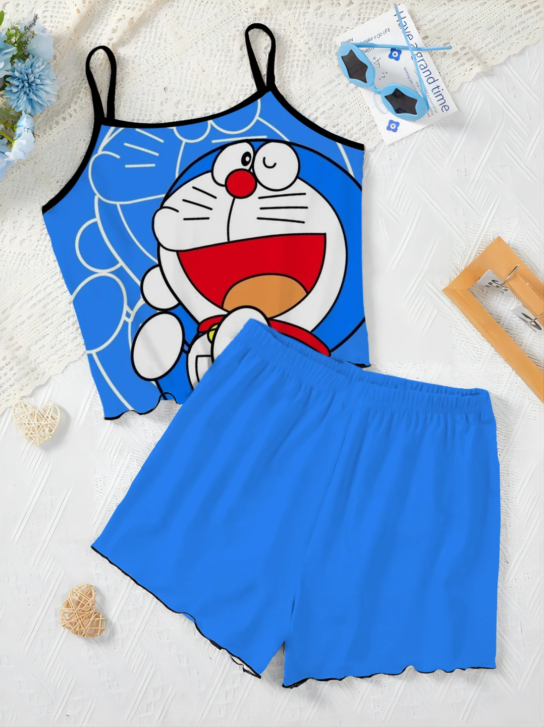 Lettuce Trim Slip Dress T-shirt Short Sets for Women 2 Pieces Vacation Outfits Woman 2024 Pajama Skirt Doraemon Top Women's Suit