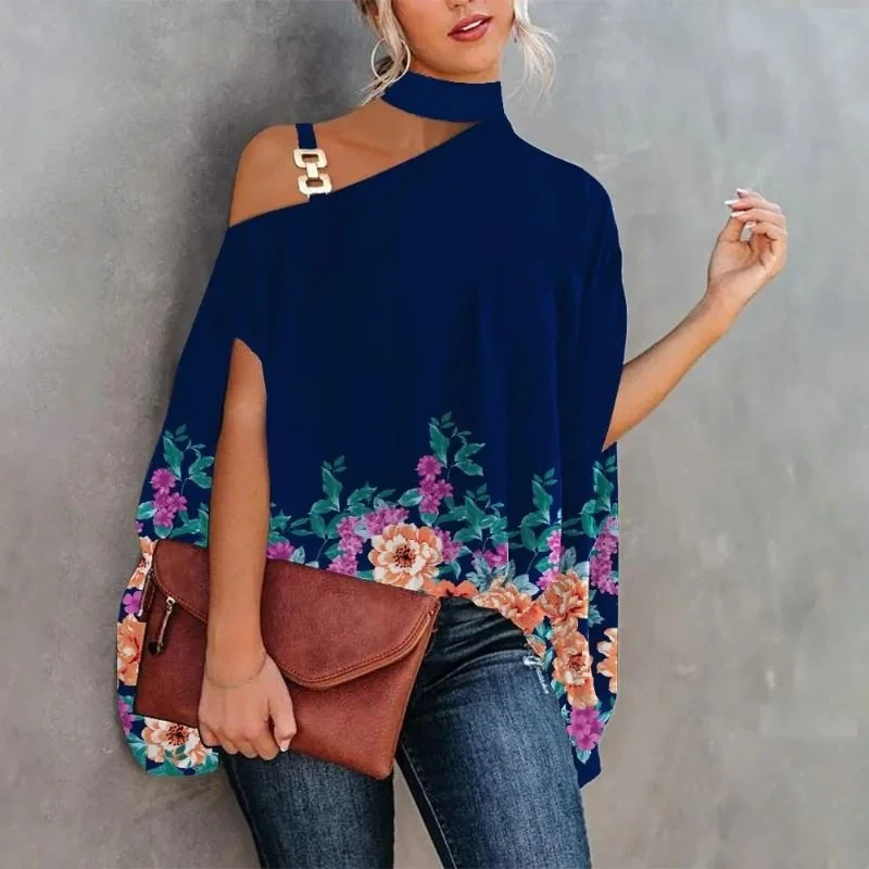 

Summer 2023 Faion Floral Print Loose Women Blouse Sexy Diagonal Collar ort Sve Polyester Spandex Blend Casual irt