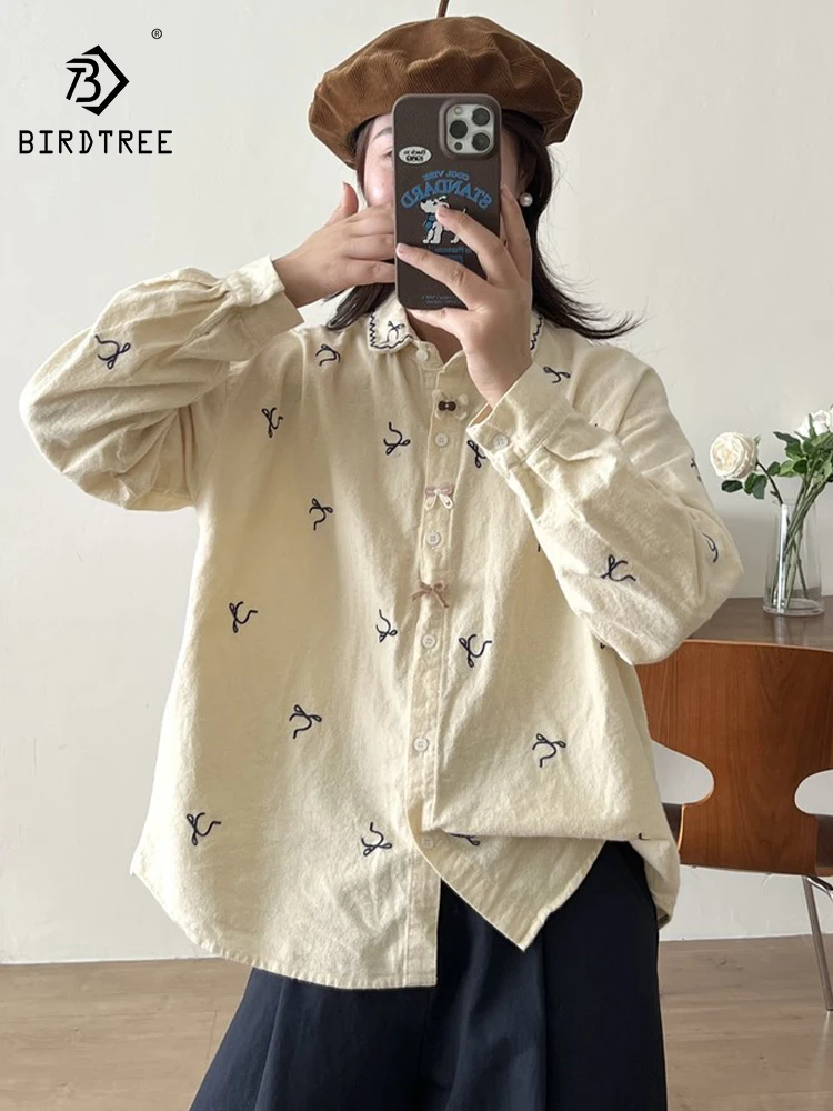 

New 2026 Spring Cotton Long Sleeve Brushed Shirt, Women Lapel Bow Embroidery, Mori Girl Preppy Style Sweet Loose Blouse T61283CC
