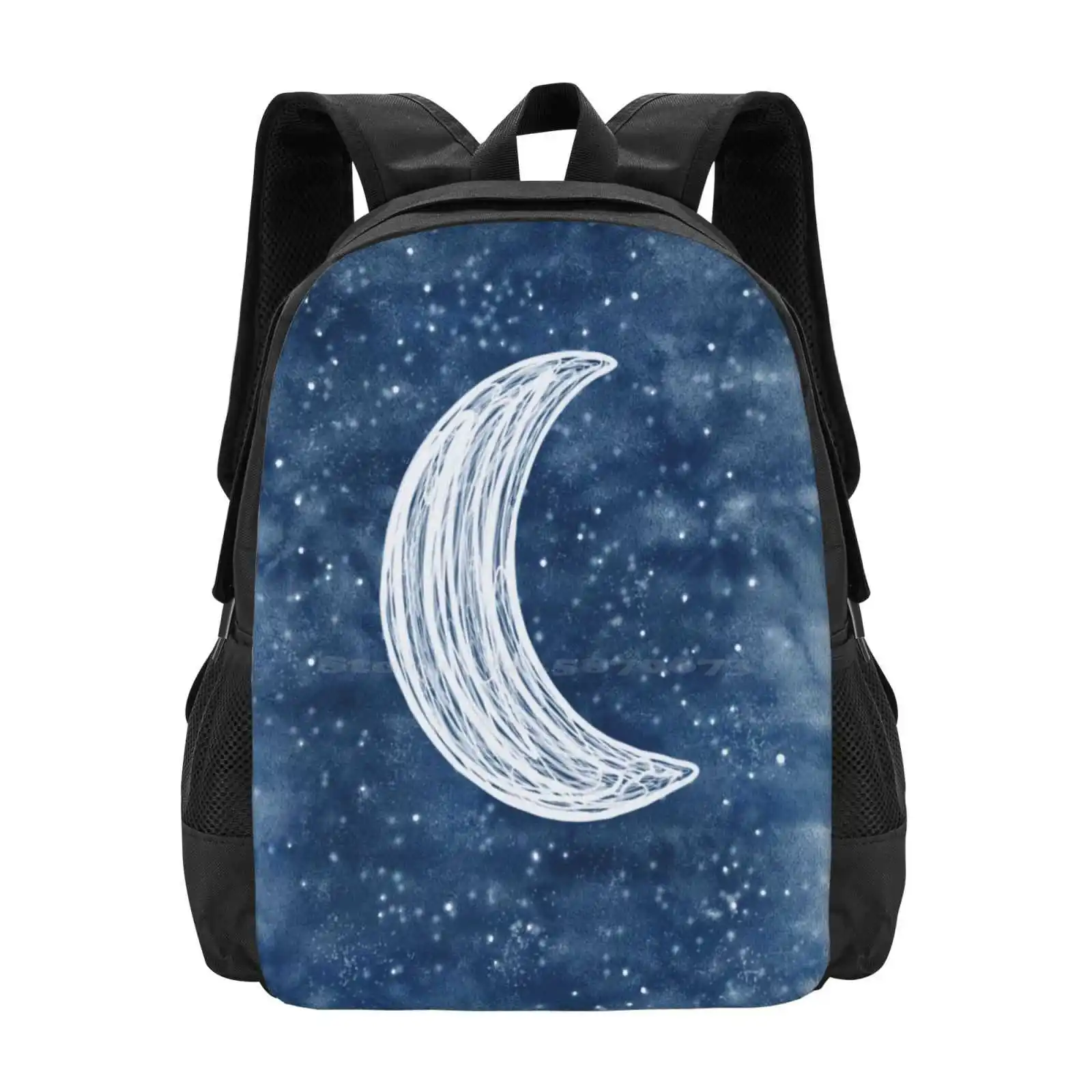 Stars And Moon Pattern Hot Sale Backpack Fashion Bags Moon Stars Night Sky Blue Sky Watercolor Phone Hippie Textile