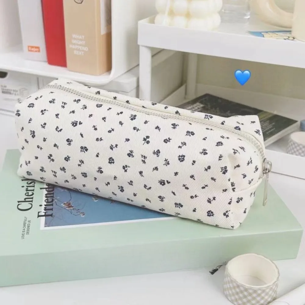 INS Floral Print Pen Bag Simple Cute Pencil Case Large Capacity Multifunctional Canvas Pen Box Desktop Stationery Organizer