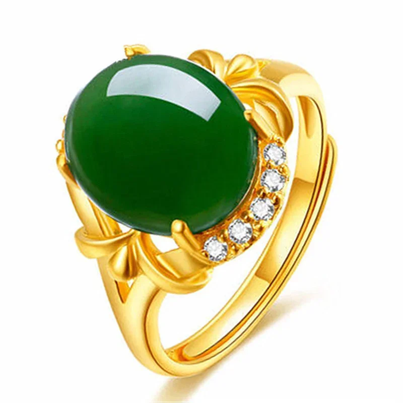 Hetian Langdurige Ring Puur Vergulde Echte 18K Geel Goud 999 24K Ingelegde Jade Smaragd Opening Verstelbare Gift Ring Nooit Vervagen Je