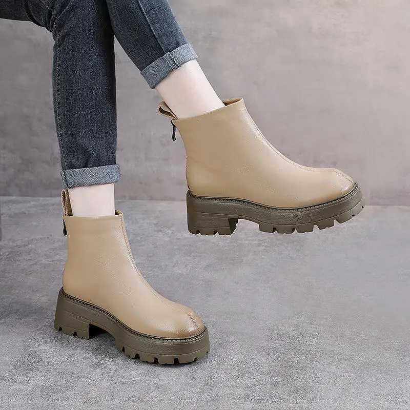 

Casual Thick Bottom Boots Women's Leather Platform Shoes Low Top Zipper Closure Fashion Boots for Women in Summer