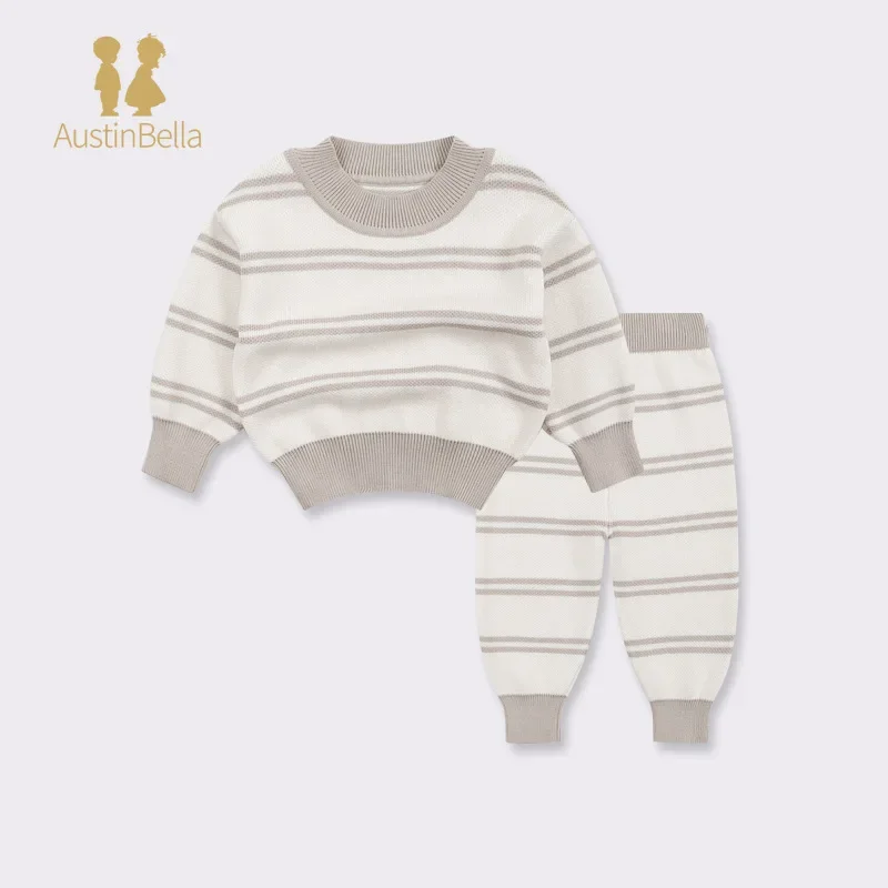 Austin&Bella Newborn Baby Sweaters Set Baby Boy Clothes Gray Striped Baby Girl Outfit Set Knit Sweater Suit Ropa De Bebe Niña