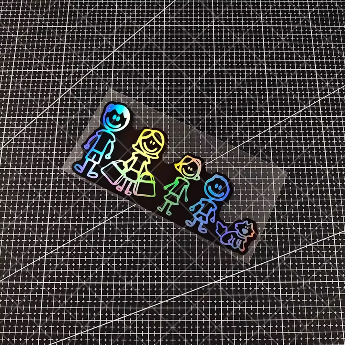Holographic Stick Figure Family With Pet Car Sticker, Personalized Family Themed Vehicle Exterior Decal