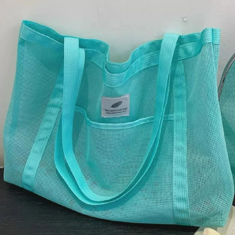 2026 شبكة مجوفة سعة كبيرة حقيبة التخزين المحمولة المرأة متعددة الوظائف شبكة حقيبة كتف السفر حقيبة شفافة حقائب الشاطئ #3