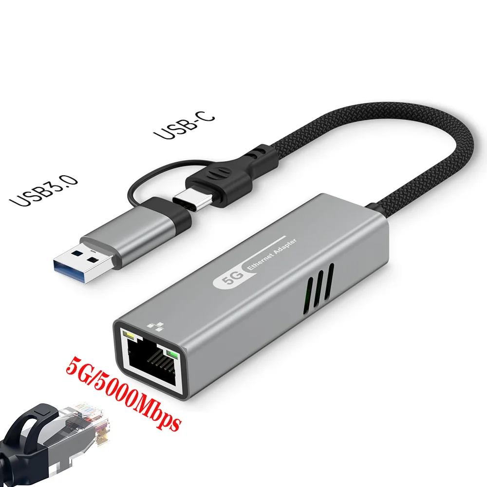 

Адаптер проводной сетевой карты 5000 Мбит/с Адаптер USB/Type-C к RJ45 5G USB 3.0 Конвертер проводной сетевой карты HUB для ноутбука Win 7/8/10