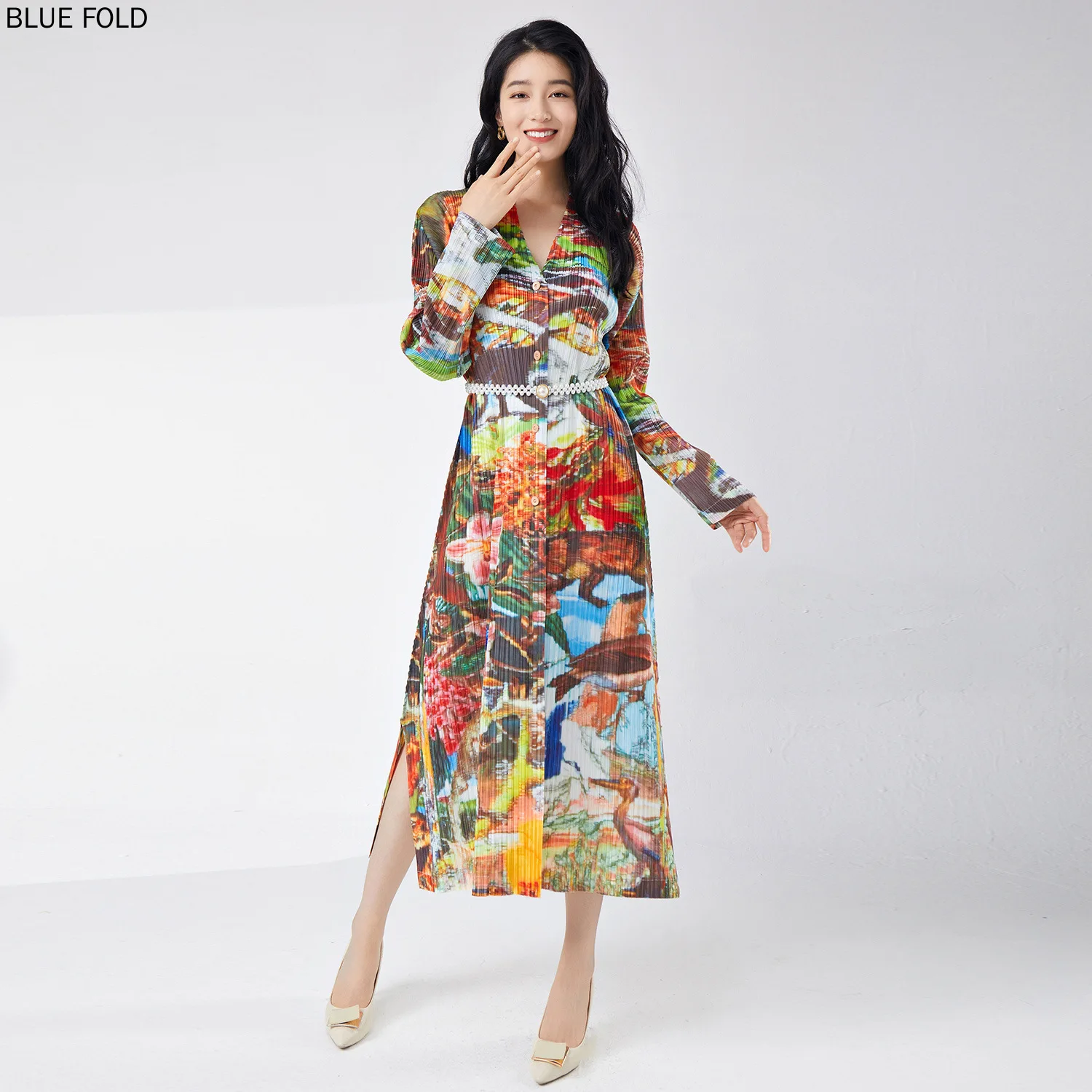 

Miyake PLEATS Spring Women's High-end Printed Single-breasted Slit Fashionable Cardigan Mid-length Dress Elegant Vestido Robe