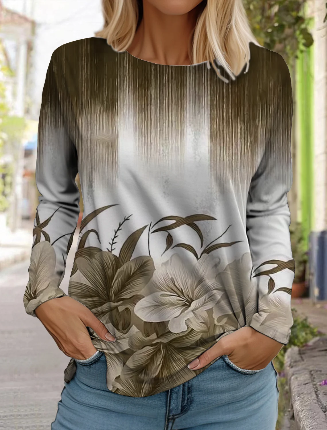 2024 women\'s fashion tops long sleeve round neck pullover casual long sleeve tshirt new 3d printed striped gradient floral print