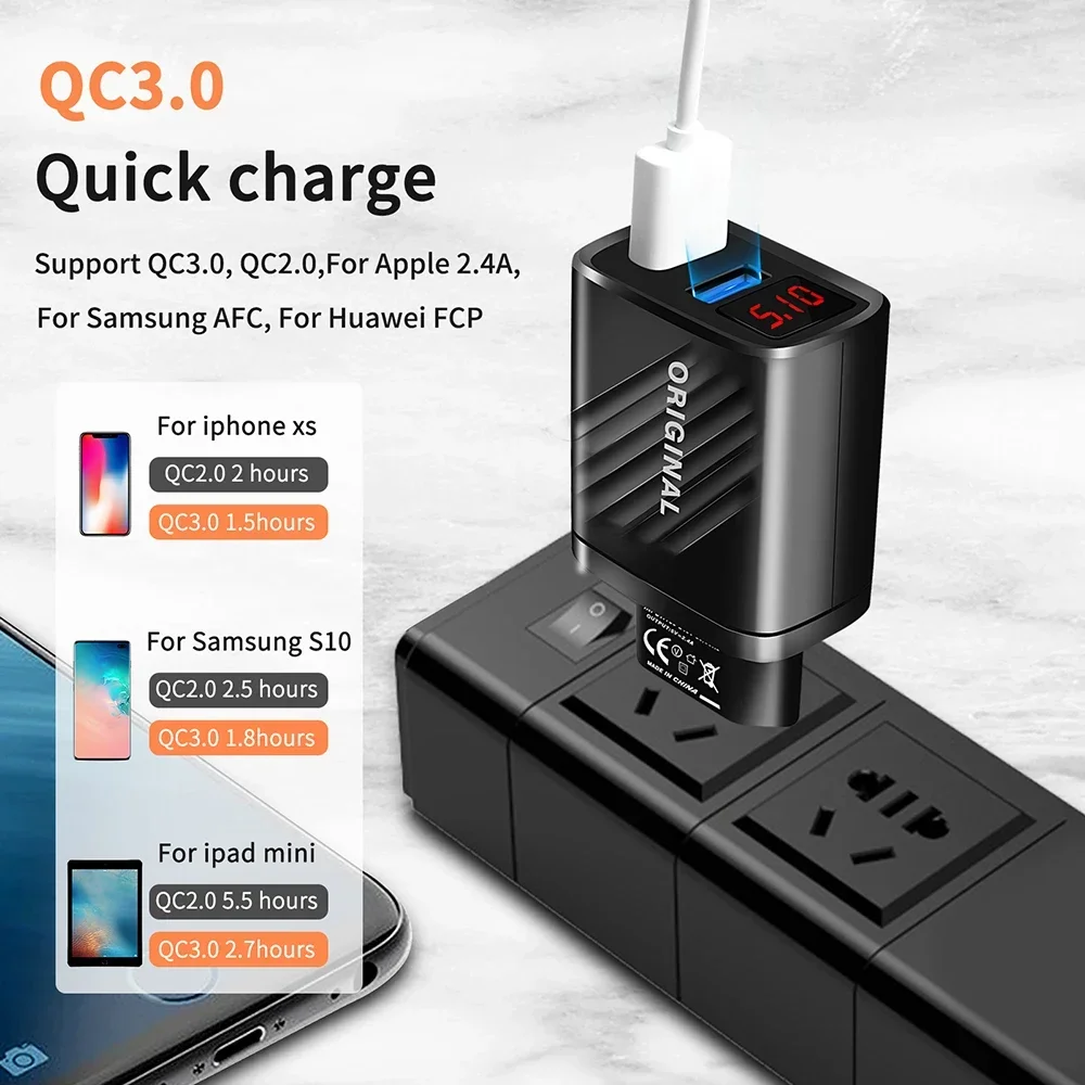 18W Dual USB Charger Fast Charging Phone Charger Adapter For iPhone Xiaomi Samsung Quick Charge LED Digital Display Wall Charger