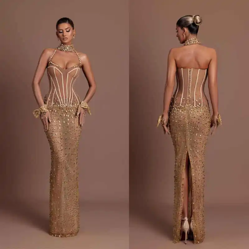 Wunderschöne Ballkleider mit Pailletten, Perlen und Kristallen, trägerlose Spitzen-Brautkleider, hochgeschlossen, ärmellos, große Größen, farblich anpassbar