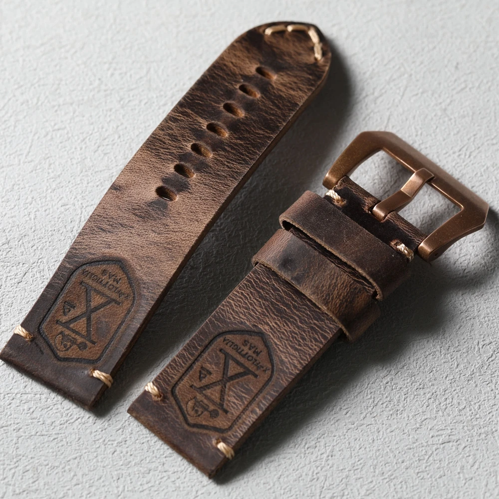 Handmade Head Layer Cowhide Watch Strap 20MM 22MM 23MM 24MM 26MM, Bronze Watch Strap with Vintage Solid Bronze Buckle, CUSN8