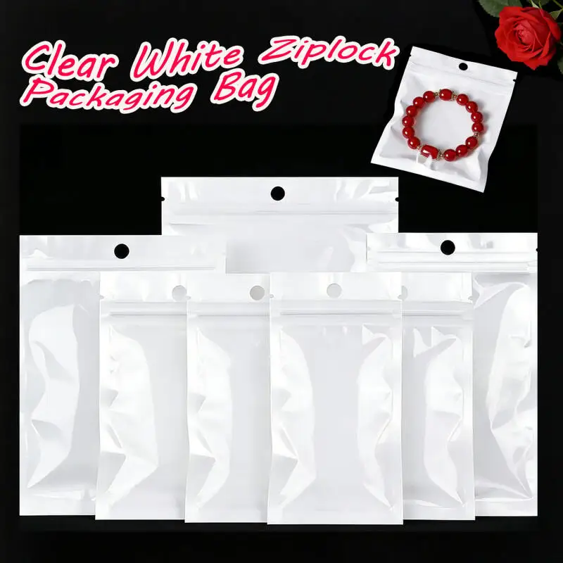 100pcs White Plastic Self Sealing Jewelry Bag Rings Necklace Bracelet Ziplocks Storage Holder Bag Anti-oxidation Jewelry Bag